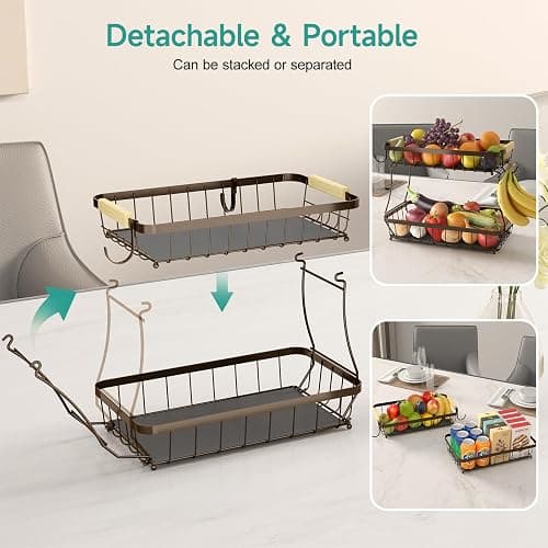 Sevenblue 2 Tier Fruit Basket for Kitchen Counter with 2 Banana Hangers, 2025 Pro Detachable Metal Fruit Bowl with Wooden Handle,Fruit Holder for Bread Snack Veggies, Brown thumbnail 4