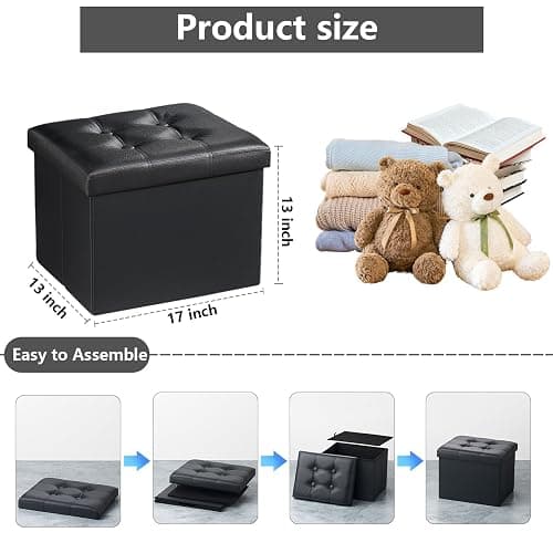 AmasSmile Storage Ottoman Folding Foot Rest Stool, Leather Footstool Bench, Short Ottoman Stool, Storage Foot Rest Store, Books (Black, 13" D x 17" W x 13" H) - Black 1 Pack - 13"D x 17"W x 13"H thumbnail 3