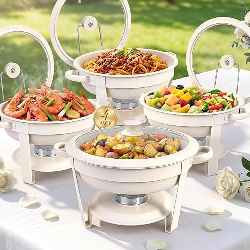 Chafing Dishes for Buffet,4 Pack 5QT Maifanite-Coated Chafing Dishes, White Chafing Dish Buffet Set with Glass Lid and Lid Holder,Food Warmers for Parties Buffet for Wedding,Church Events,Birthday - Image 1