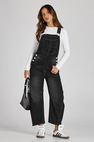 PLNOTME Womens Denim Bib Overalls Barrel Leg - Blaxk thumbnail 4