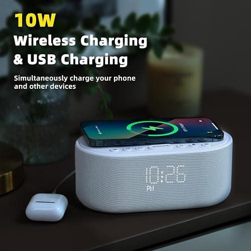 Sound Machine Alarm Clock Wireless Charger: Bluetooth 10W Stereo Sound Speaker Bedroom - White Noise Machine for Sleeping with 21 Soothing Sounds thumbnail 4