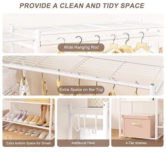 Neprock Clothing Racks for Hanging Clothes with Shelves, Portable Closet System Organizer Garment Rack for Clothes Storage, Metal Free Standing Wardrobe Clothes Organizer(White) thumbnail 6