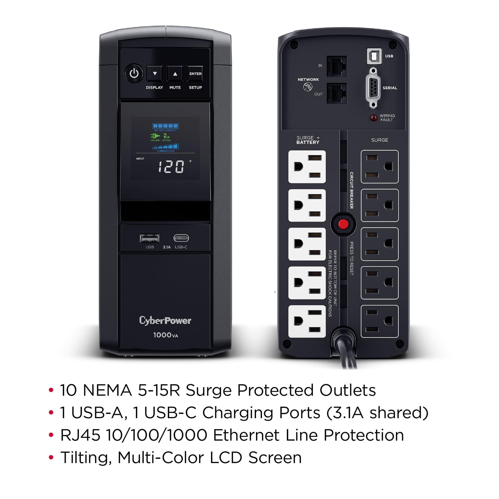 CyberPower CP1000PFCLCD PFC Sinewave UPS 1000VA 600W PFC Compatible Mini-Tower thumbnail 3