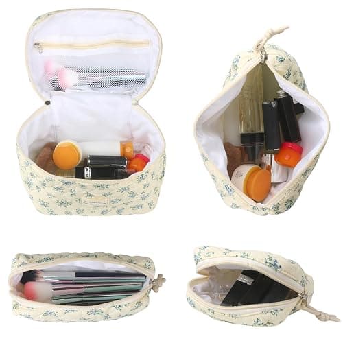 VIWIME Makeup Cosmetic Bag, Large Cotton Quilted Travel Coquette Aesthetic Cute Floral Make up Bag for Women Toiletry Bag Organizer (203- Blue Rose / 4Pcs) thumbnail 4
