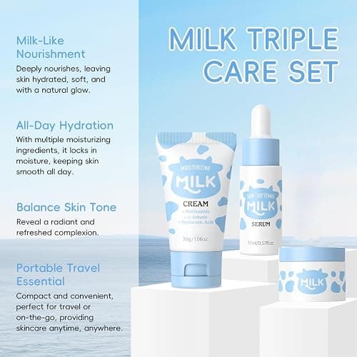 9PCS Milk Skin Care Sets & Kits for Teenage Girls-Moisturizing and Hydrating Skincare Sets- Facial Cleansing Brush & Cleanser, Serum, Face & Eye Cream, Hair Clip&Tie,Complete Gift Sets for Women thumbnail 5
