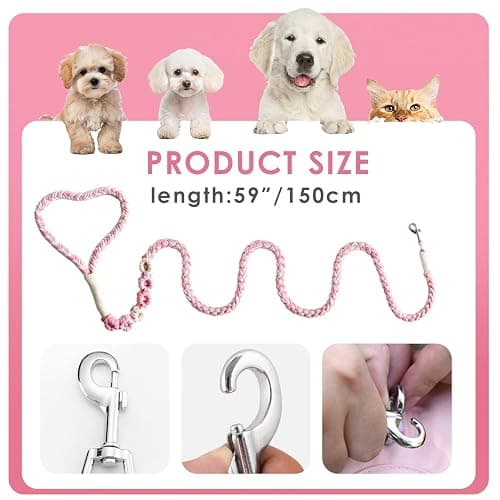 Handmade Braided Pink Cotton Dog Leash, 5ft | 5ft Handmade Braided Cotton Dog Leash, Pink Color, Floral Handle, Soft Grip, Durable for Daily Walks, Small to Large Dogs thumbnail 2
