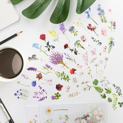 160Pcs Natural Flower Stickers for Scrapbooking,Self-Adhesive Transparent Flower Stickers Scrapbook Supplies Journaling Supplies for Adult Card Making Letters DIY Water Bottle Cards Decoration (160) thumbnail 2