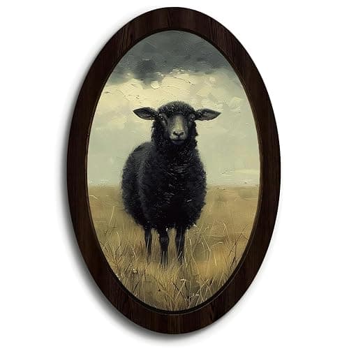KDHTY Vintage Black Sheep Moody Oval Wall Art Framed Poster,Rustic Farmhouse Country Sheep Cottagecore Aesthetic Home Decor,French Country Decor Wall Hanging Sculptures for Home Bedroom Living Room - Image 1