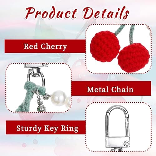 Apausvcm Cherry Pearl Keychain, Kawaii Cherry Crochet Key Chains Accessories Handmade Weaving Cute Car Rearview Mirror Hanging Accessories Bag Purse Charms for Handbags Backpack Women Girls Gift thumbnail 5