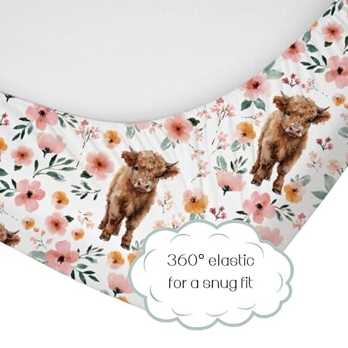 HawSkgFub Highland Cow Floral Boho Fitted Standard Crib Sheet for Baby Girl, Retro Western Farm Animal Yak Flower Toddler Mattress Cover, Soft Stretchy Nursery Bed Sheets Decor Kids Gift 52" x 28" thumbnail 2