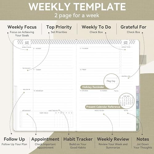 Getink 2026 Planner Weekly & Monthly Daily Agenda Book with Linen cover, 2026 To Do List Notebook with Colorful Monthly Tabs, Inner Pocket, Elastic Closure (Beige,5.5 * 8.5) thumbnail 5
