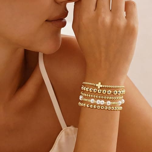 Fohufo Gold Bracelets for Women Jewelry - Easter Basket Stuffers, Cross/Pearl/Beaded Bracelets Set, Dainty 14K Gold Plated Beaded Bracelets Stack, Birthday Easter Gifts for Women thumbnail 4