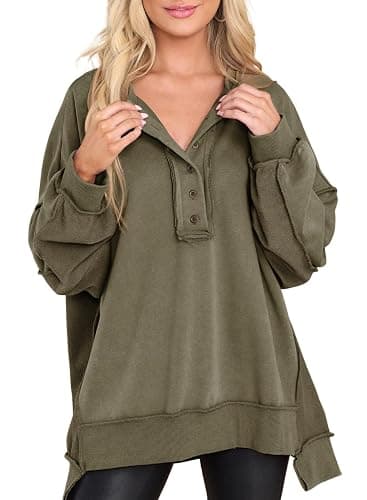 AlvaQ Women's Oversized Sweatshirt Casual Long Sleeve Button Henley Neck Pullover Tunic Tops Outfits - Image 1