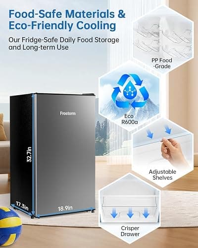 Frostorm 3.2 Cu Ft Mini Fridge with Freezer - Energy Efficient, Large Capacity Single Door Upright Freezer for Bedroom, Office & Dorm | Small Fridge, Reversible Door, ETL Certified(Silver) thumbnail 7
