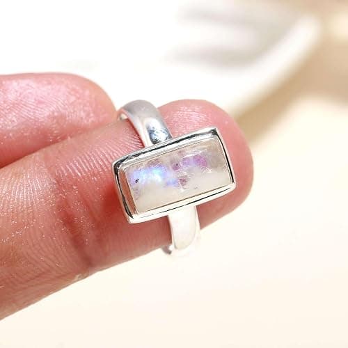 925 Sterling Silver Rings for Women Moonstone Ring Rainbow Rectangular Ring Solitaire Gemstone Statement Rings thumbnail 4