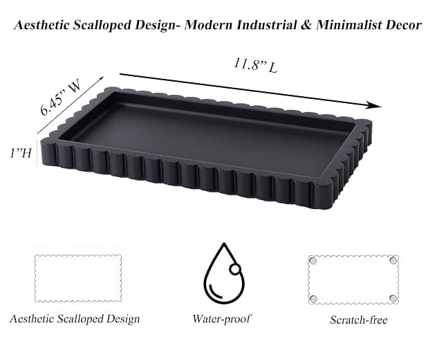 Scalloped Bathroom Vanity Tray for Countertop- Concrete Modern Industrial Minimalist Counter Vanity Organizer Tray for Dresser- Small Decorative Tray-11.8"L x 6.37"W x 1"H- Charcoal Black- Water-proof thumbnail 3