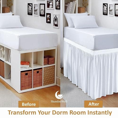 SlumberWell Microfiber Extra Long Ruffled Bed Skirt for Collage Dorm Room, Three Sided Panel, Easy Fit & Stylish for Beds, Twin XL 32 Inch Drop, White thumbnail 5