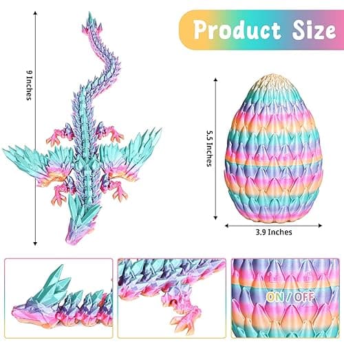 Mydhall 3D Printed Flying Dragon Egg with Articulated Dragon Inside – Toys&Gifts for Kids,Home Decor,Creative Ornaments,Birthday,Easter (Rainbow,Medium) thumbnail 4