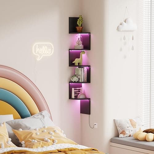 Qupui Corner Shelf Wall Mount with LED Light, 5 Tier Floating Corner Bookshelf, Plant Shelf for Bedroom, Floating Shelves for Wall, Display Stand for Living Room, Bathroom, Home Office, Black thumbnail 5