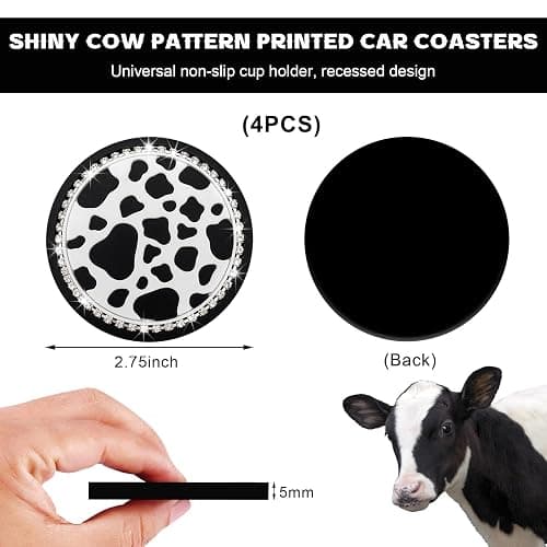Yourkar 4 PCS Cow Print Car Cup Coaster, 2.75 Inch Anti-Slip Auto Cup Holder Insert Coaster, Anti Slip Bling Cup Mats with Flower Pattern, Universal Interior Car Accessories (Cow Print) thumbnail 2