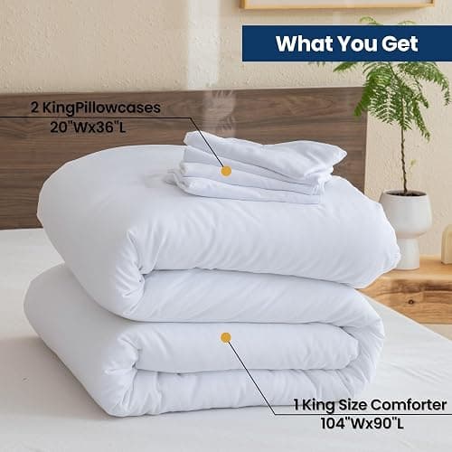 Paxrac Classic Pure White Comforter King Size, 3 Pieces Boho Comforter Set, Lightweight Solid Bedding Set, All Seasons Soft Breathable King Comforter Set (104x90In Comforter & 2 Pillowcases) - White - King (104''x90'') thumbnail 7
