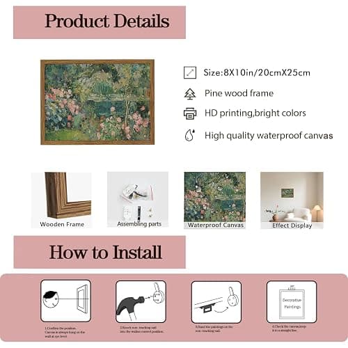 Framed Vintage Floral Landscape Canvas Wall Art, Rose Garden Pond Wall Decor Paintings, Rustic Cottagecore Nature Plant Pictures Prints Aesthetic Home Decor for Living Room Bedroom Bathroom 8x10 inch thumbnail 6