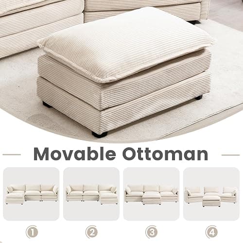 ROWHY Oversized Modular Sectional Sofa with Movable Ottoman, 112 Inch 4 Seat Modern Corduroy Sofa Set, Convertible L Shaped Couch for Living Room and Office, Beige thumbnail 7