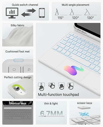 CHESONA for iPad 10th Generation Case with Keyboard, 7 Color Backlight, Multi-Touch Trackpad, Flip Stand Case with Pencil Holder, 2 Wireless Channels for iPad (A16) 11th/10th Gen (2025/2022), White thumbnail 3