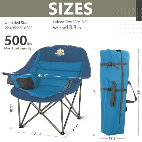 Colegence Oversized Camping Chair for Adults, Padded Lawn Chair 2 Pack | Heavy Duty Folding Camp Chair with Cup Holder, Storage Pockets for Outdoor Sports Garden Beach Portable Supports 500lbs, Blue thumbnail 3