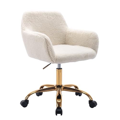 KCC Faux Fur Office Desk Chair, Comfy Swivel Armchair with Wheels, Upholstered Fuzzy Vanity Chair, Adjustable Height, White - Image 1