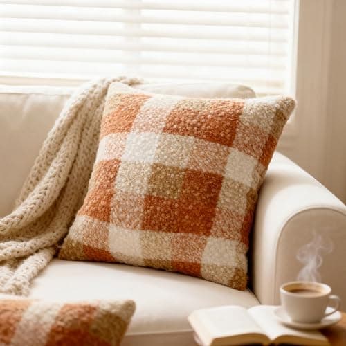 OSVINO Orange Plaid Christmas Fall Throw Pillow Covers Set of 2, 18x18 Inch Checkerboard Square Pillowcases, Cozy Fluffy Decorative Covers for Sofa Couch Living Room Bed thumbnail 4