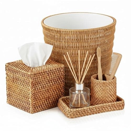 Cinnvoice 5 Pcs Boho Bathroom Accessories Set, Wicker Rattan Bathroom Decoration Includes Tissue Box Cover Toothbrush Holder Vanity Tray and Trash Can for Farmhouse Bedroom Toilet Countertop - Image 1