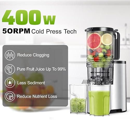 Cold Press Juicer, 5.8" Wide Feed Chute Juice Extractor Machine with 400W, High Juice Yield, Slow Masticating Juicer for Whole Vegetables & Fruits, Premium Silver - Premium Grey thumbnail 6