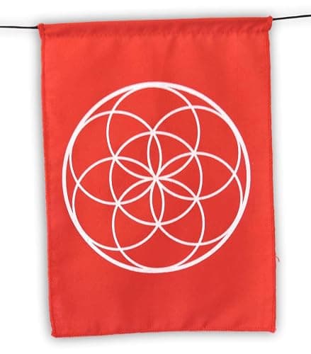 Sacred Geometry Rainbow Prayer Flags Positive Energy Shri Yantra, flower of life, seed of life, (9X12 multi) Our flags are hand printed and stitched by a Balinese family in indonesia thumbnail 6