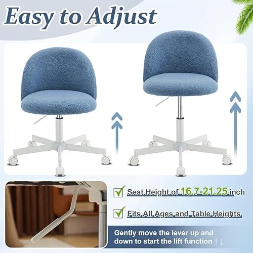 VINGLI Cute Candy Chair Armless Comfy Small Office Desk Vanity Chair with Wheels & Lumbar Support,Teddy Adjustable Rolling Swivel Computer Task Ch for Home Office,Bedroom,Fog Blue thumbnail 6