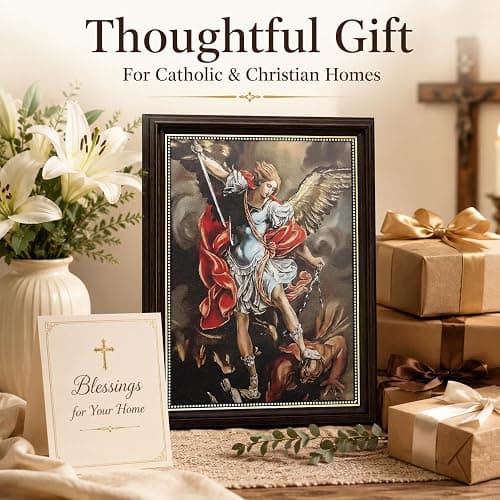 St Michael Archangel Framed Wall Art - Saint Michael Defeating Satan Painting - Catholic Religious Wall Decor for Bedroom Living Room Church, Vintage Christian Angel Canvas Print with Gold Trim Framed thumbnail 9