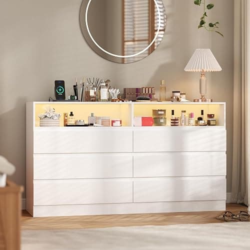 STIKELY Drawer Dresser for Bedroom with Power Outlet, Black Dressers with LED Light, Dresser Chest of Drawers for Closet,Wood Dressers Organizer Cabinet (White 6 Drawers) thumbnail 7