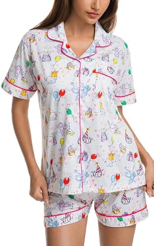 Womens Pajamas Set Button Down 2 Piece Cute Monkey Bunny Y2k Preppy Heart Pjs Sets Lounge Comfy Sleepwear thumbnail 2