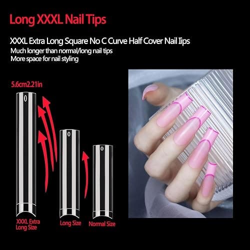 504 Pcs No C Curve Square Nail Tips, XXXL Half Cover Clear Nails Tips for Acrylic Nails, 3XL Straight Tapered Square Flattened Fake Nail Tips for Nail Salons and DIY 12 Sizes thumbnail 3