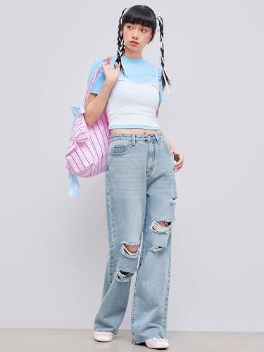 CIDER Women’s Ripped Jeans High Waisted Distressed Baggy Straight Wide Leg Pants thumbnail 2