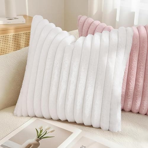 decorUhome Fall Cozy Faux Fur Throw Pillow Covers 18x18 Set of 2 Decorative Soft Plush Striped Modern Farmhouse Boho Couch Pillow Cases with Velvet Back for Sofa Bed Living Room, White thumbnail 2