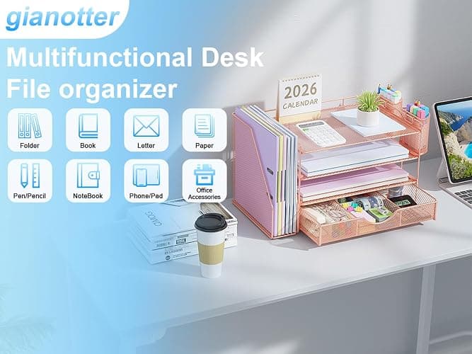 gianotter Desk Organizers and Accessories with File Holder, 4-Tier Desk Accessories & Workspace Organizers with Drawer and 2 Pen Holder, Paper Organizer for Office Supplies (Rose Gold) thumbnail 6
