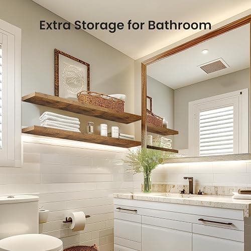AMADA HOMEFURNISHING Floating Shelves, Wall Shelves for Bathroom/Living Room/Bedroom/Kitchen Decor, Decor Shelf with Invisible Brackets Set of 3, Rustic Brown - AMFS07V thumbnail 6