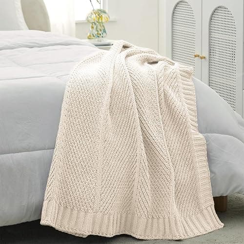 Amélie Home Chevron Chenille Knit Throw Blanket for Couch, Cozy Texture Decorative Soft Blanket for Sofa & Chair, 50"x60", Ivory thumbnail 8