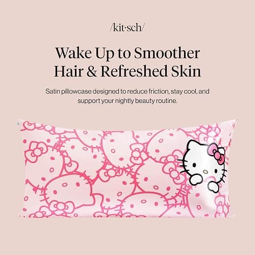 Kitsch x Hello Kitty Satin Pillowcase with Zipper – Smooth, Cooling & Better Than Silk Pillowcase for Hair & Skin – Kids Pillow case King Size (19x36) - Pink Kitty Faces thumbnail 3