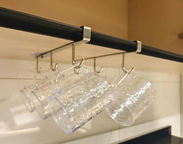 Mug Hooks Under Cabinet , 304 Stainless Steel Cup Hooks for Hanging Under Shelf, Mug Organizer Rack with 6 Hooks for Displaying Mugs, Coffee Cups and Kitchen Utensils,Fit for 0.8" or Less thickness - Image 1