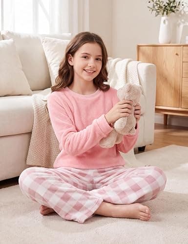 Weixinbuy Girls Fuzzy Pants Set Winter Flannel Fleece Outfits Pajamas Set for Kids Girls Crewneck Top & Plaid Pants Sweatsuit thumbnail 6