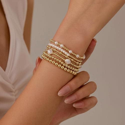 Miss Pink Gold Beaded Bracelets Set for Women Waterproof, 14k Gold-Plated Dainty Round Bead Cross Pearl Bracelet Beaded Non Tarnish Stretch Bracelet for Christmas Stockings Gifts Stackable Bracelet thumbnail 3