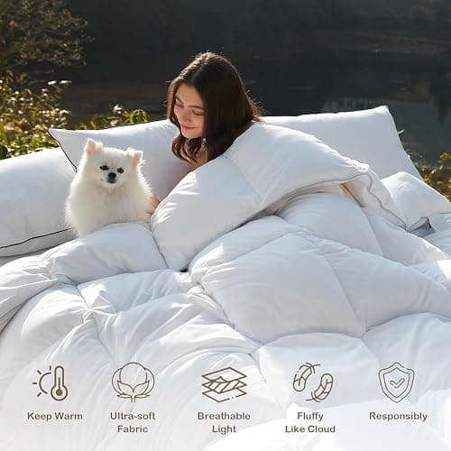 DWR Heavyweight Down Feather Fibers Comforter Full/Queen, Ultra-Soft Cotton Blend Fabric, High Fill-Power 55oz Overfilled Winter Warm Hotel Duvet Insert for Cold Weather/Sleeper (90x90, White) thumbnail 2