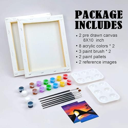 VOCHIC Sip and Paint Kit,Pre Drawn Canvas Couples Paint Party Kit Painting Art Set for Adults Date Night Sunset Heart 2 Pack (8 x 10 Inches) thumbnail 5